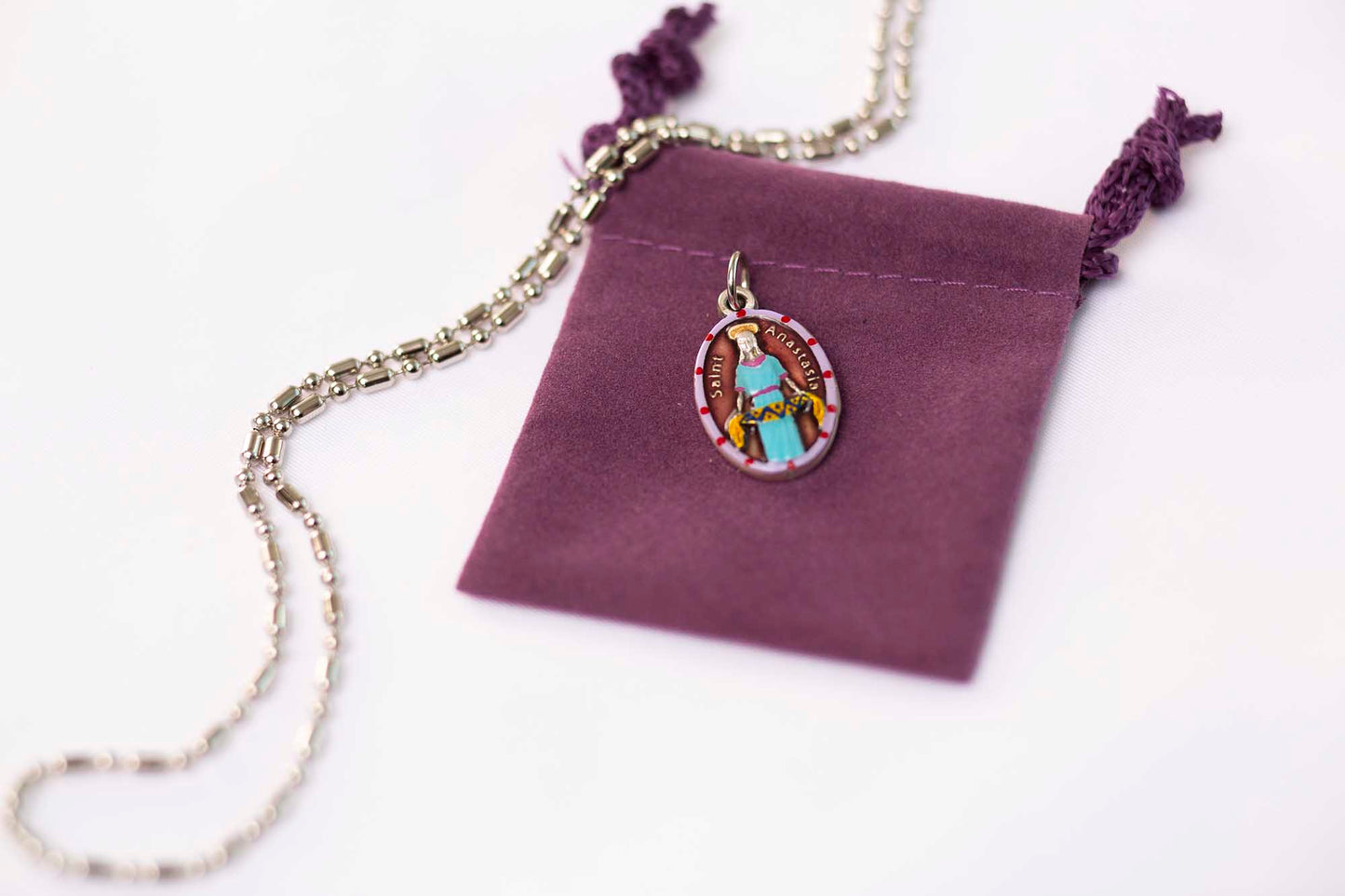 Anastasia, Saint Weavers Stylists Macrame Hand - Painted Saint Medal, Patron of "Fashionistas" - Rob Clemenz SaintsforSinners