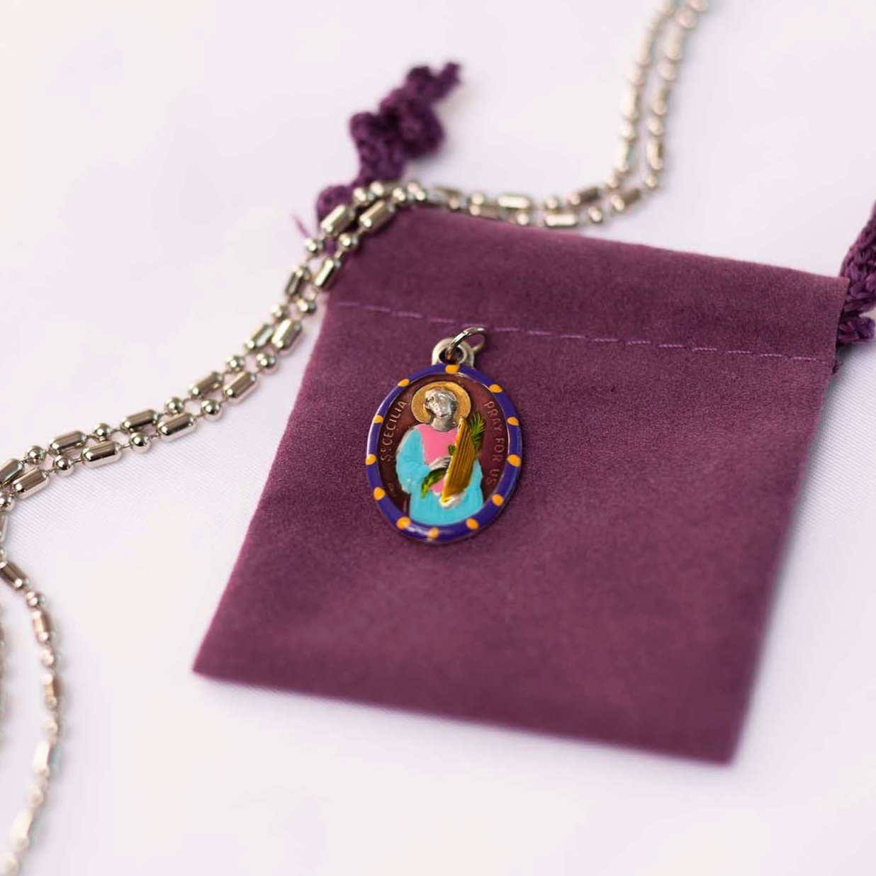 Cecilia, Hand - Painted Saint Medal, Patron of Poets, Musicians, Imagination, Singing - Rob Clemenz SaintsforSinners