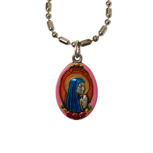 Our Lady of Lourdes - #2/Flower Border, Hand - Painted Saint Medal, Patron of France, Miracles - Rob Clemenz SaintsforSinners