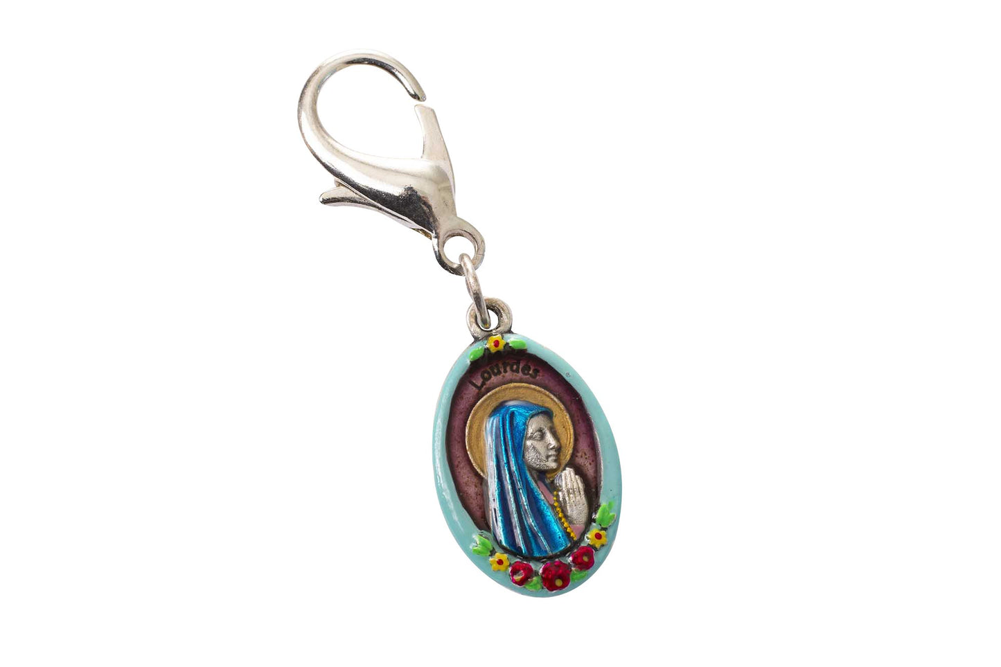 Our Lady of Lourdes - #2/Flower Border, Hand - Painted Saint Medal, Patron of France, Miracles - Rob Clemenz SaintsforSinners