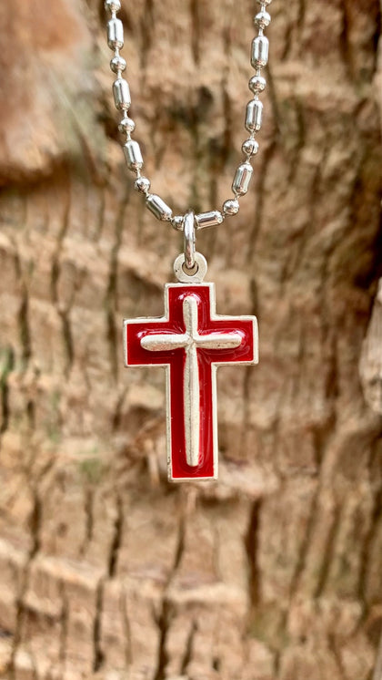 Enameled Silver Cross Necklace, Hand-Painted, Emblem of Christ's Sacrifice for Us