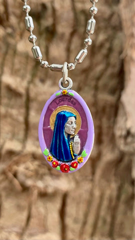 Our Lady of Lourdes - #2/Flower Border, Hand-Painted Saint Medal, Patron of France, Miracles
