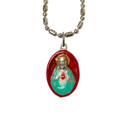 Sacred Heart of Jesus #2/Red, Hand-Painted Medal, Love, Mercy, Salvation